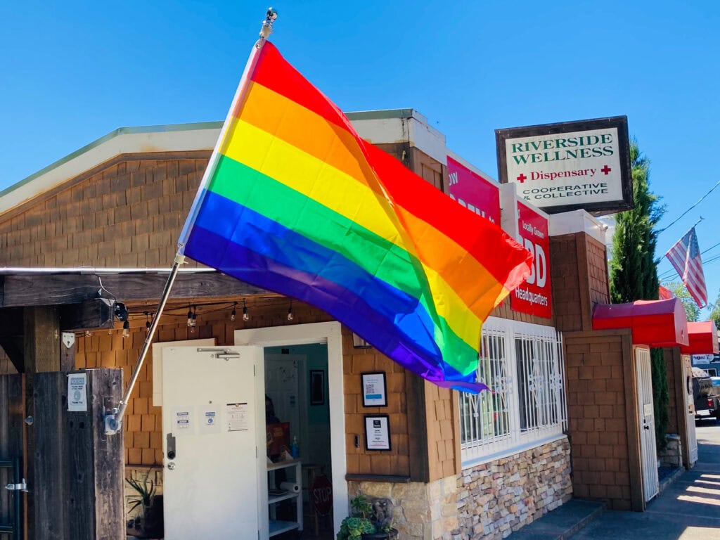 Pride flag outside Riverside Wellness Collective, Guerneville