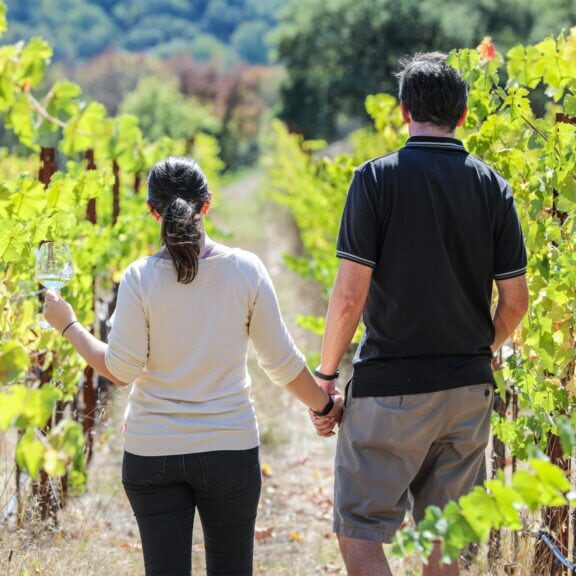 couple enjoying wine while walking in the vineyards of sonoma county