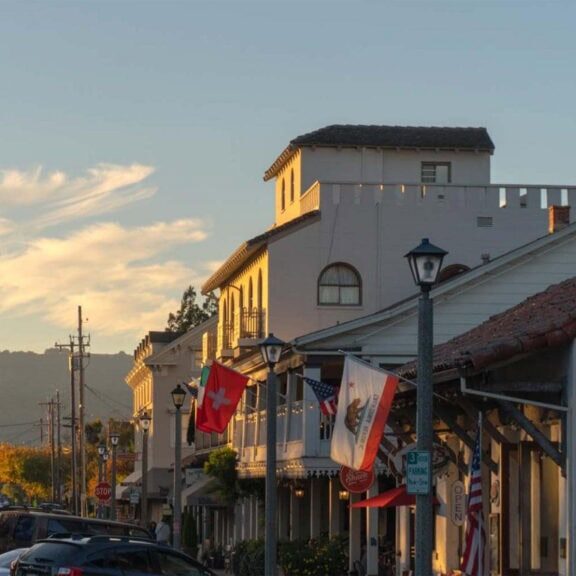 evening sunset along buildings in downtown sonoma